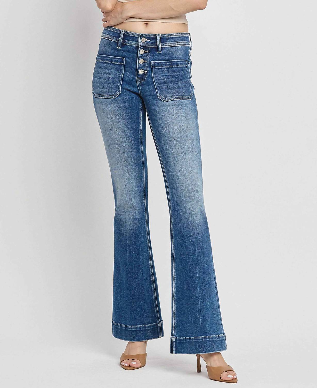 VERVET BY FLYING MONKEY Mid Rise Trouser Hem Flare Jean in gleefully - women's jeans
