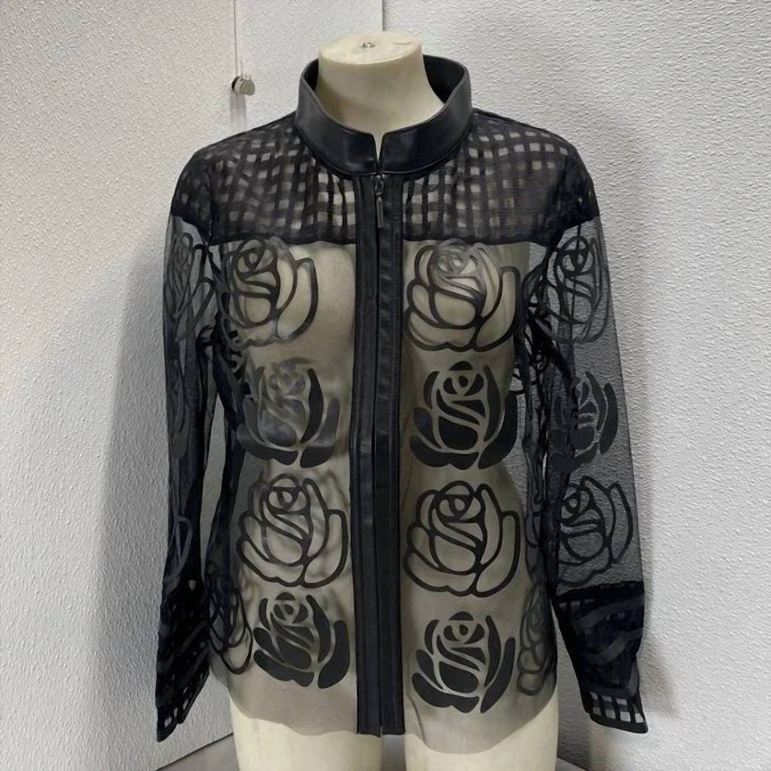 Frank Lyman - Women's Sheer Floral Mesh Jacket With Faux Leather Trim