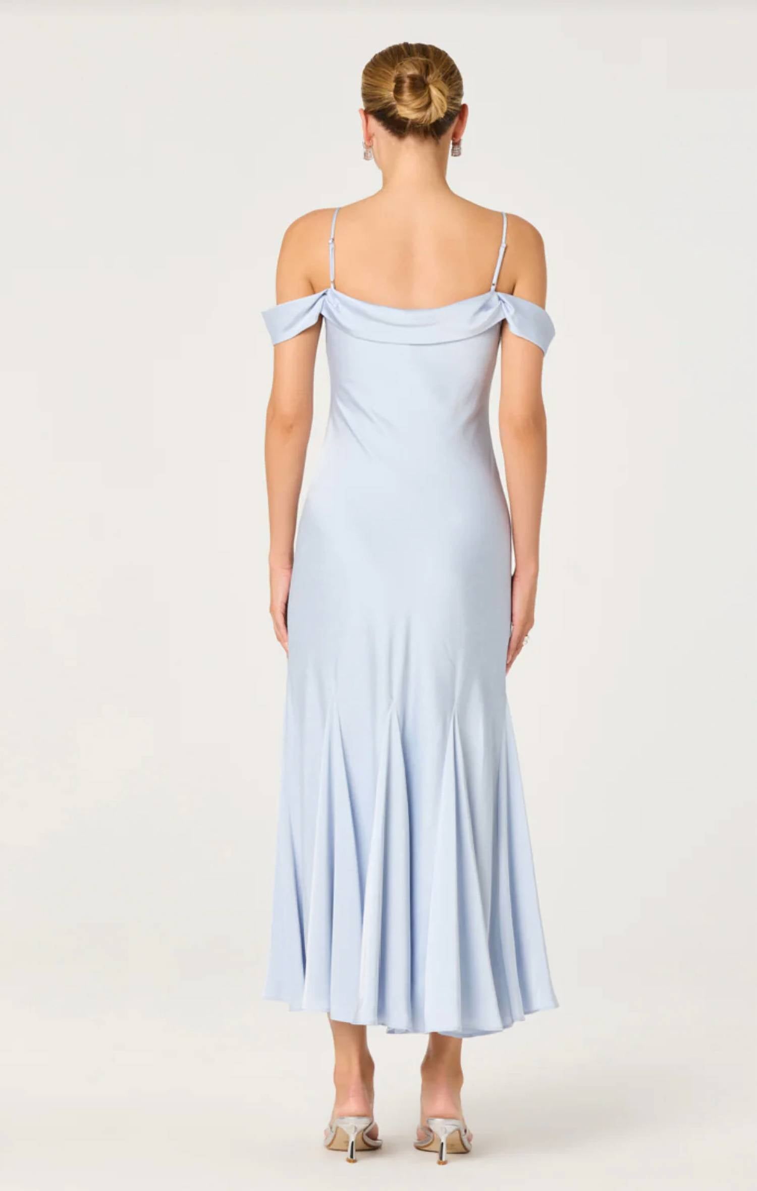 Astr - Araxie Satin Off-shoulder Godet Midi Dress