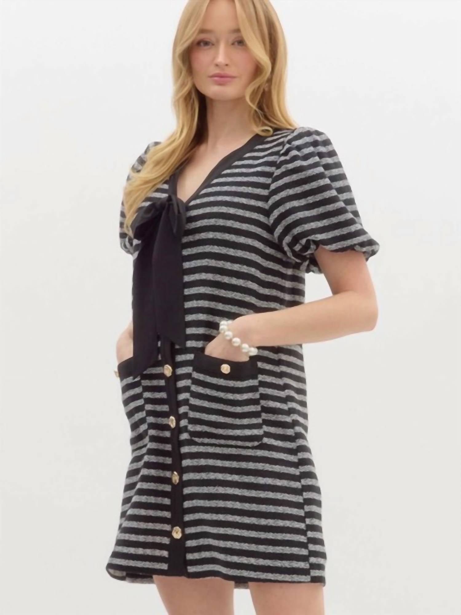 Entro - Stripe Boucle Bubble Sleeve Mini Dress