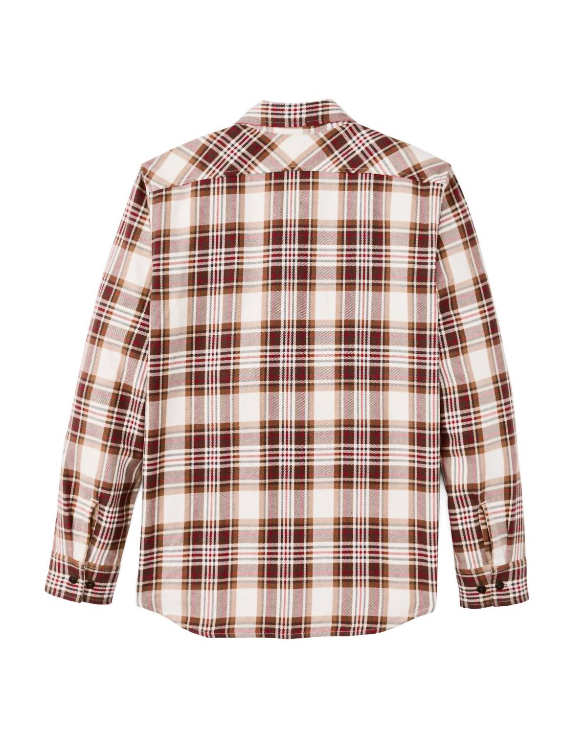 FILSON Men's Rangeland Flannel Shirt in red brown plaid - men's shirt - detail view