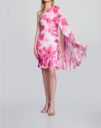 Joseph Ribkoff - Floral Print One-shoulder Cape Sleeve Mini Dress