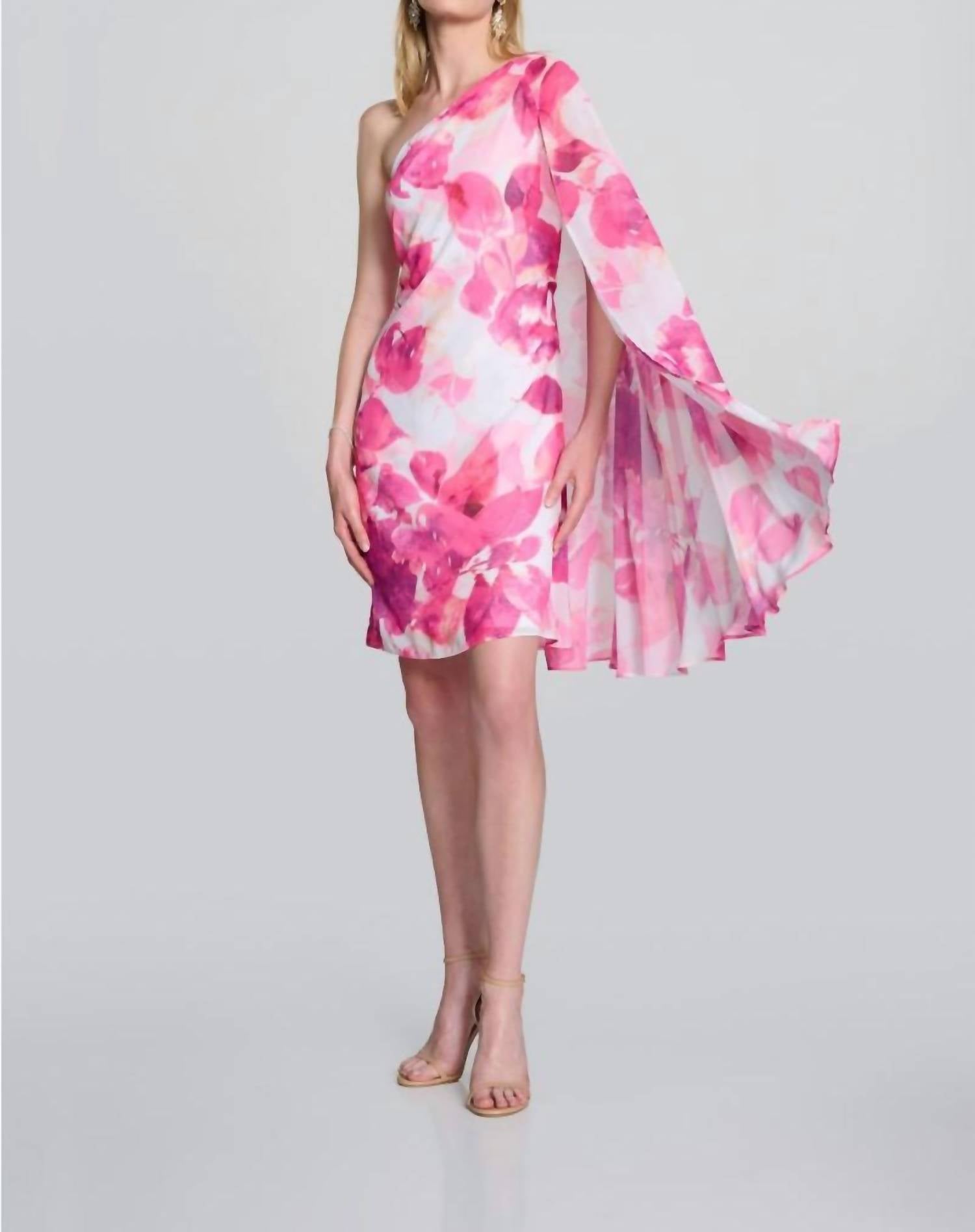 Joseph Ribkoff - Floral Print One-shoulder Cape Sleeve Mini Dress