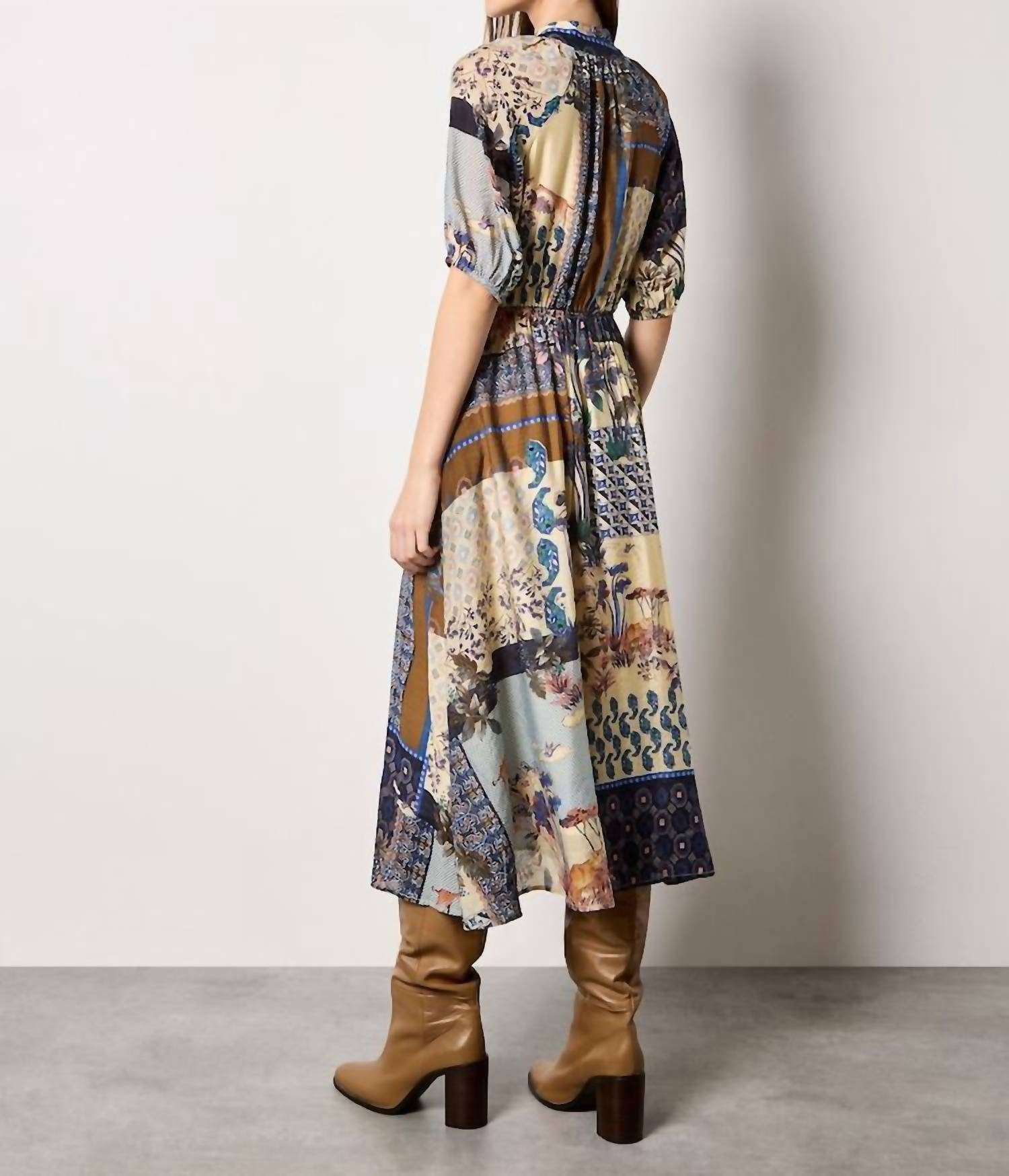 APRICOT Patchwork Art Midi Shirt Dress in navy - women's dress - detail view