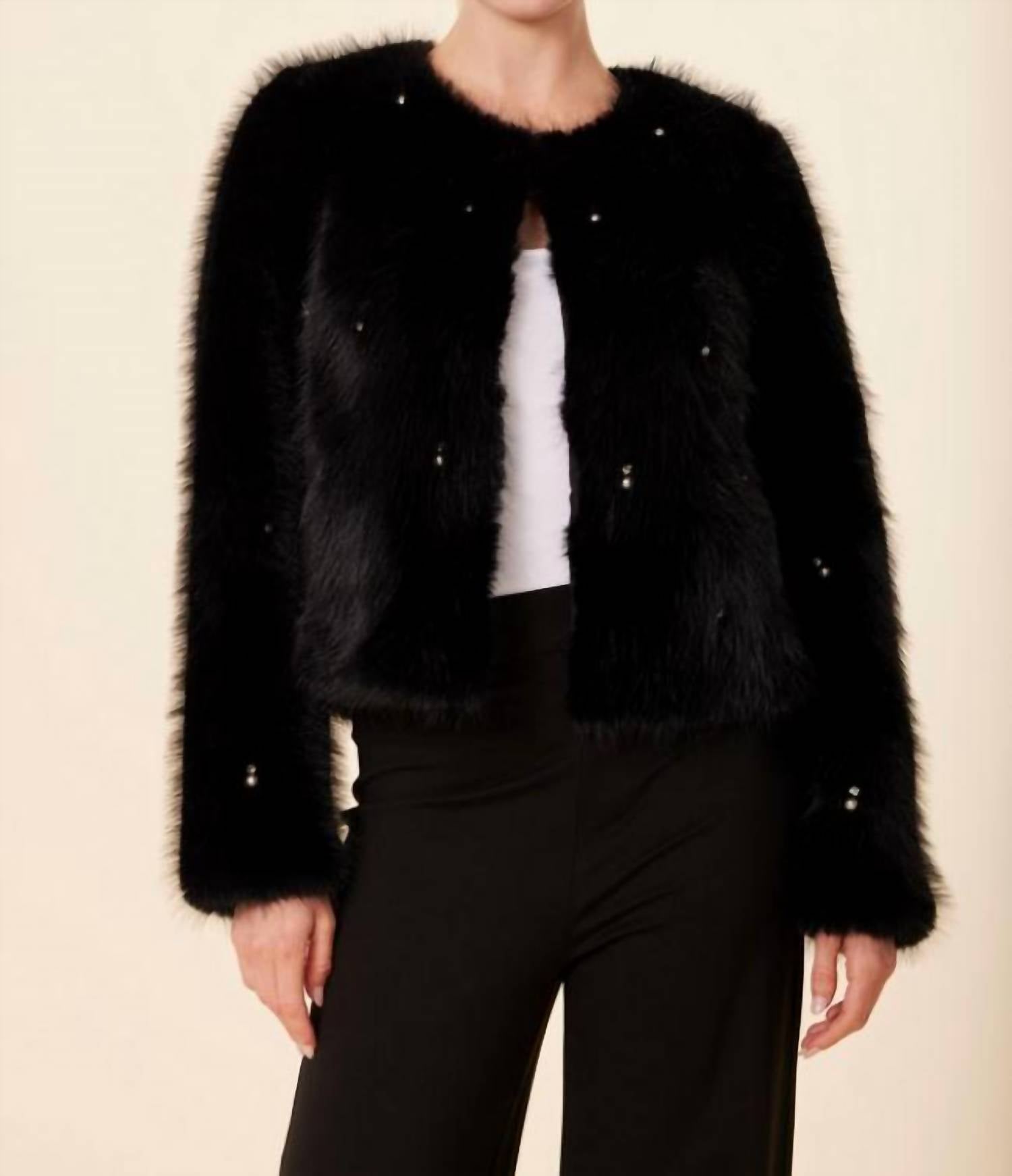 DOLCE CABO Pearl And Rhinestone Fur Jacket in black - women's jacket - view 4