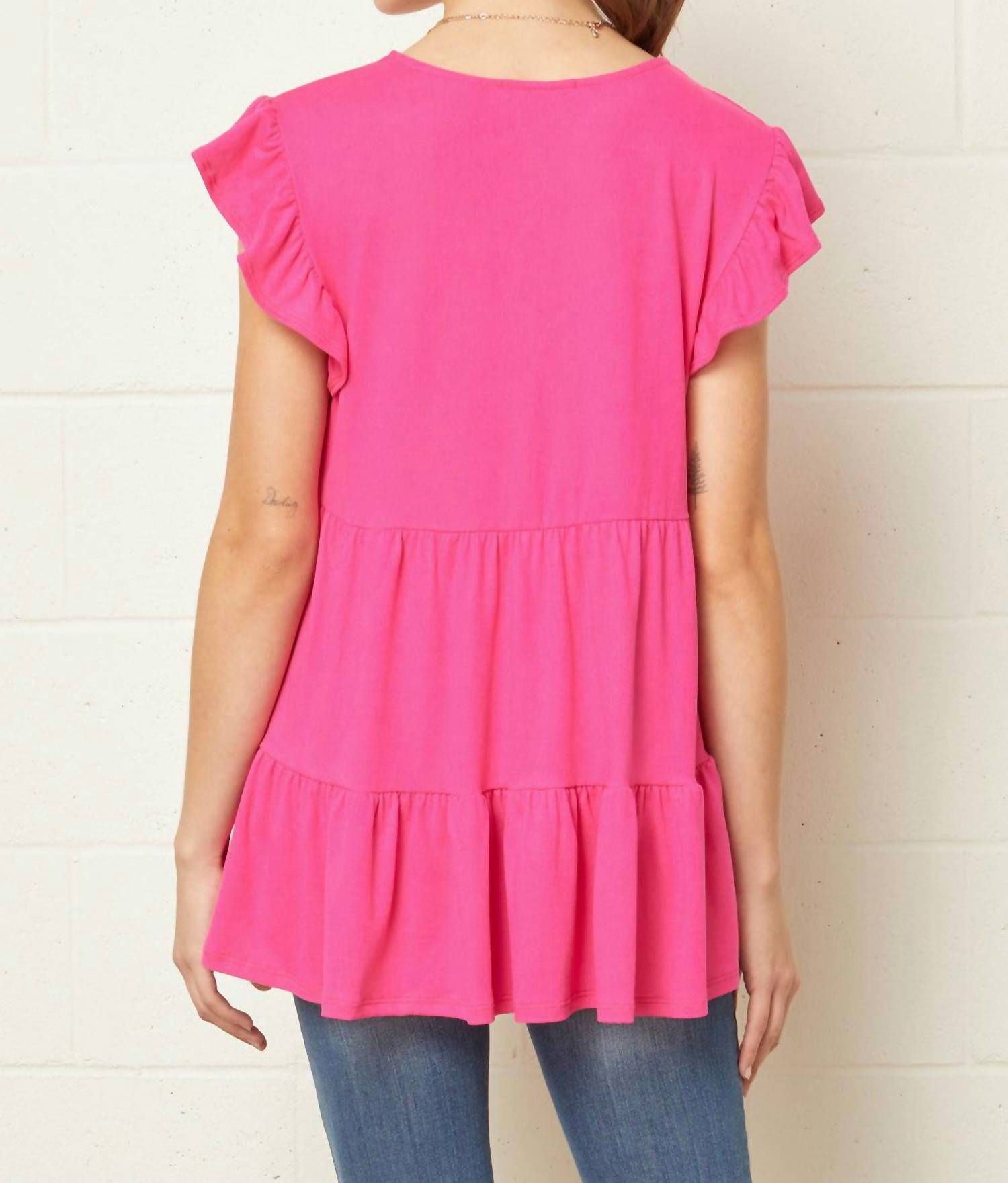 entro Tiered Ruffle Babydoll Top in hot pink - women's shirt - detail view