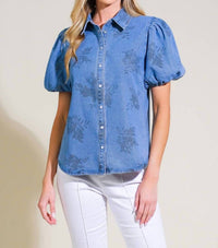 FLYING TOMATO Selena Floral Print Washed Denim Top in medium blue - women's blouse - alternate view