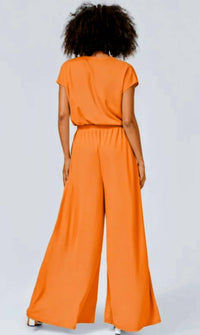Halara Short Sleeve Wide Leg Jumpsuit in orange - women's pants - detail view