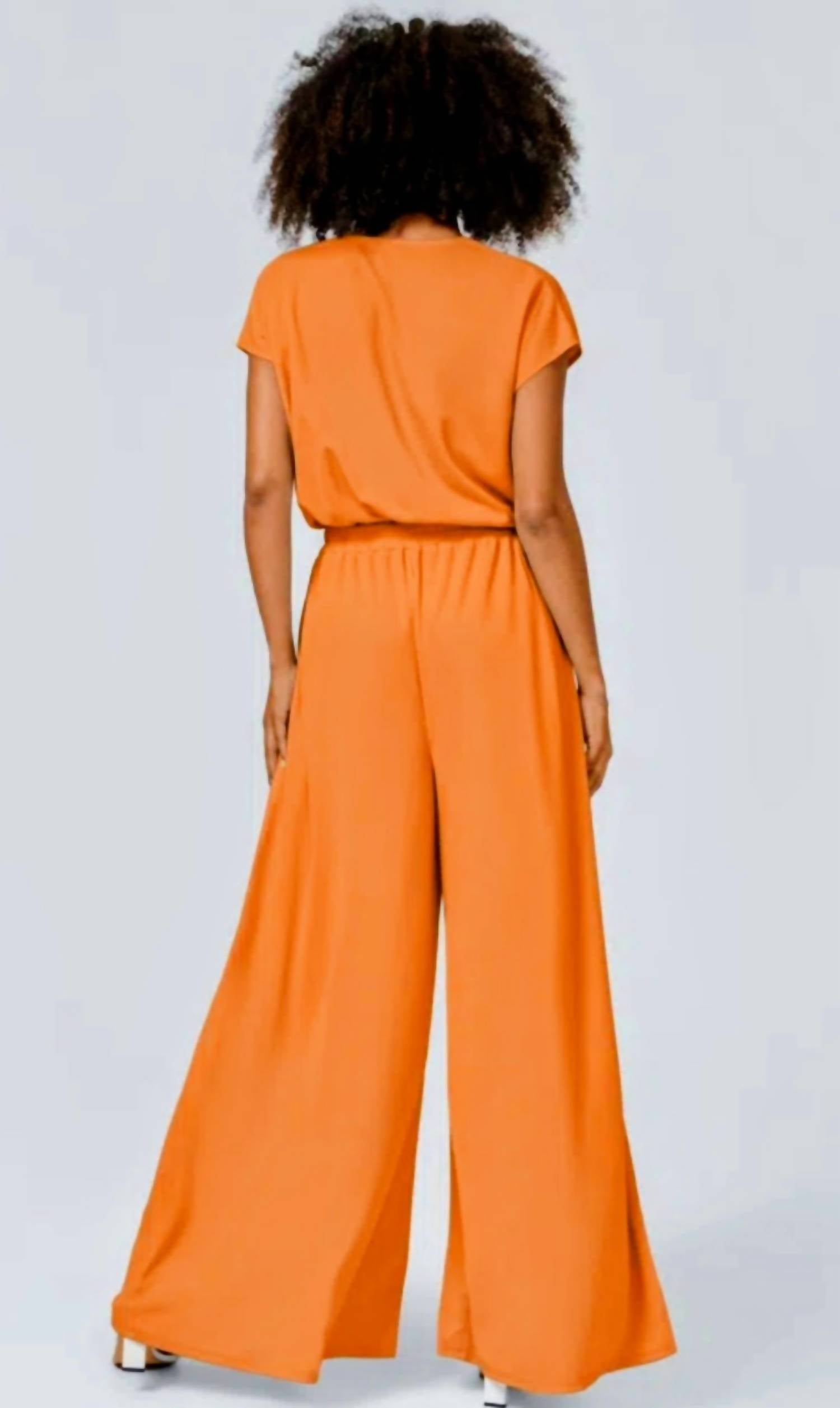 Halara Short Sleeve Wide Leg Jumpsuit in orange - women's pants - detail view