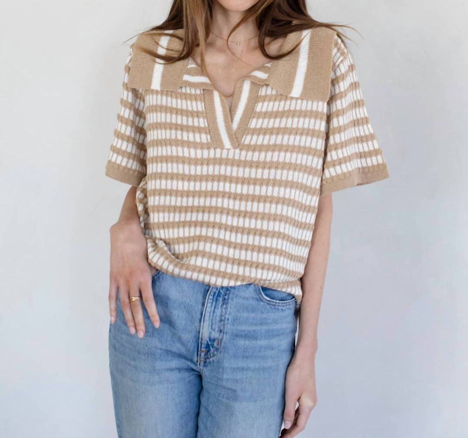 Things Between - Lany Woven Striped Oversized Collar Knit Top