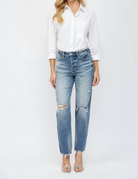 Mica Denim - Button Up High Rise Straight Leg Distressed Jeans