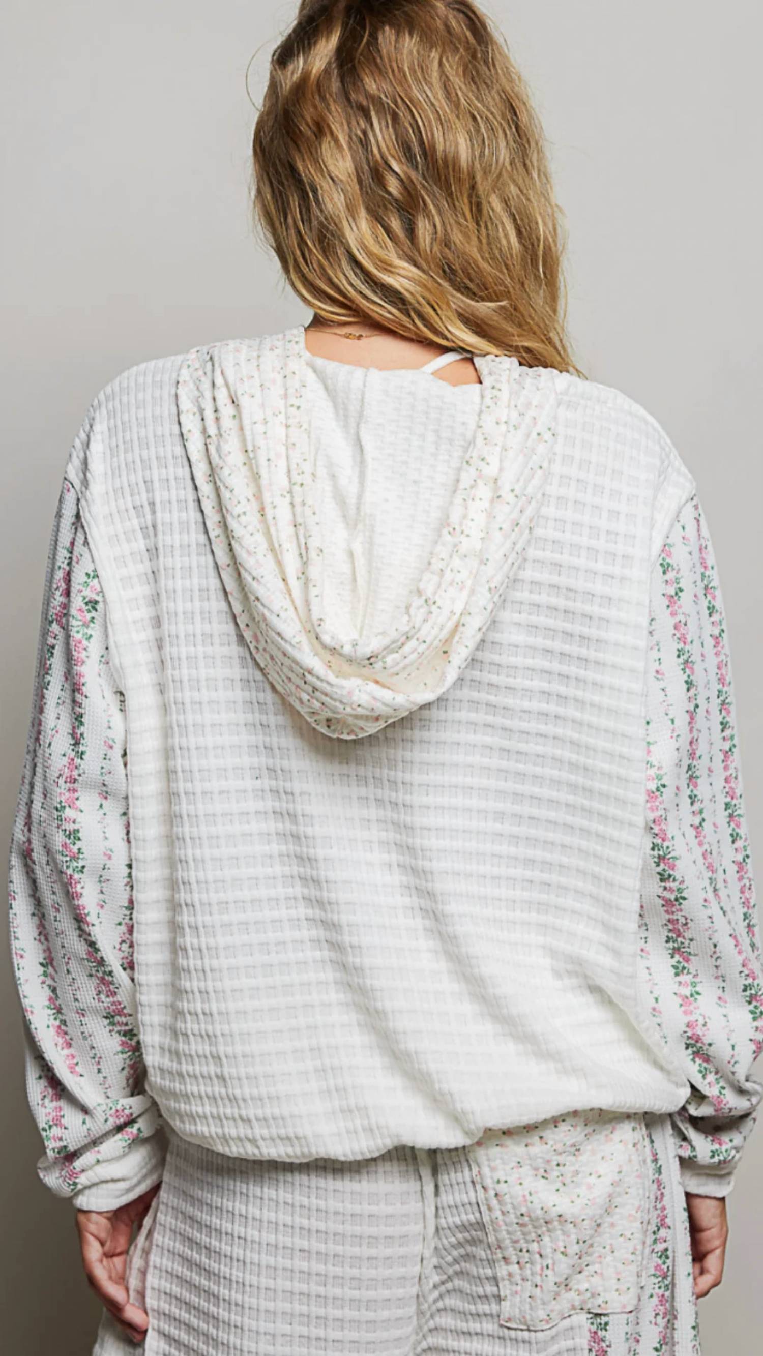 Pol - Kangaroo Pocket Mixed Knit Contrast Sleeve Hooded Pullover