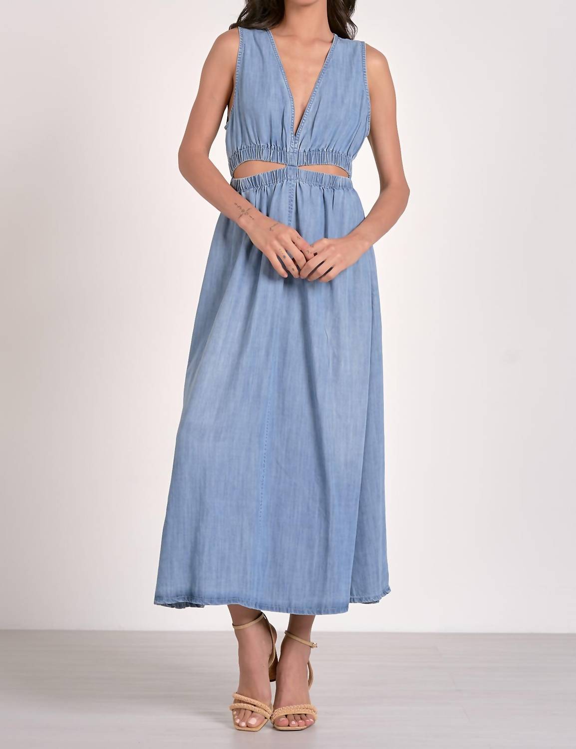 Elan - Midi Sleeveless Cutout Denim Dress