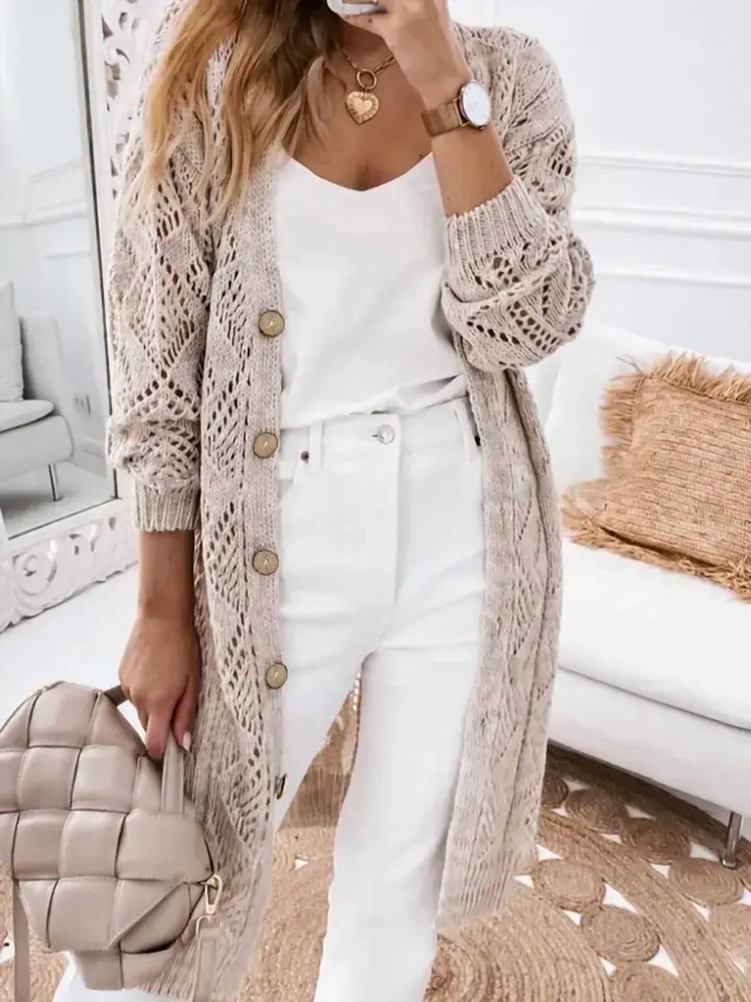 Lovesoft - Openwork Long Knit Button Cardigan Sweater