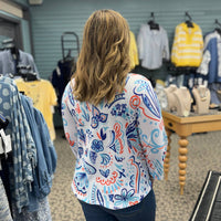 Jess & Jane Vibrant Floral Printed 3/4 Sleeve Top in blue - women's blouse - detail view