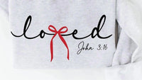 Oat Collective Women's Loved Bow John 3:16 Puff Graphic Sweatshirt in white heather - women's top - detail view