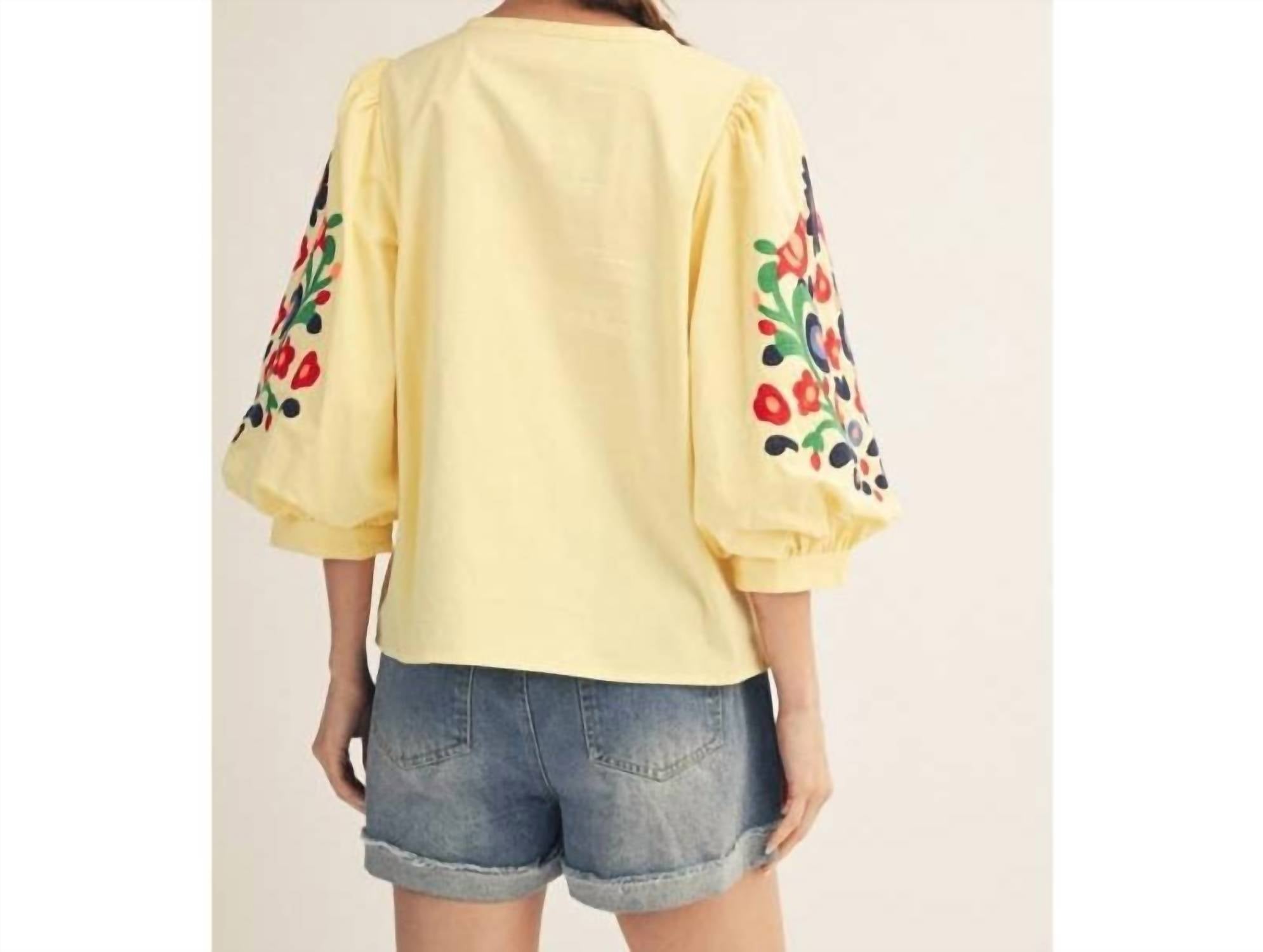 Style USA Embroidered V-neck Woven Top in banana yellow - women's blouse - detail view