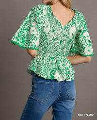 Umgee - Two-tone Paisley Smocked Peplum Top