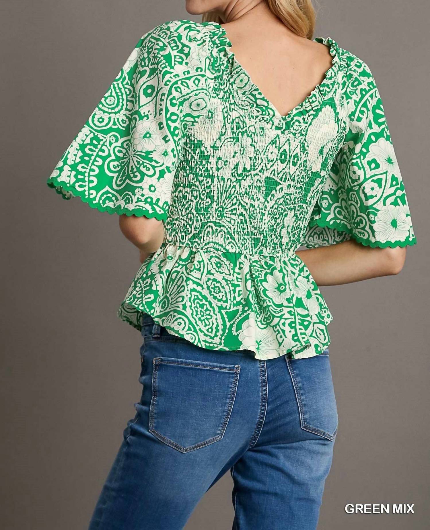 Umgee - Two-tone Paisley Smocked Peplum Top