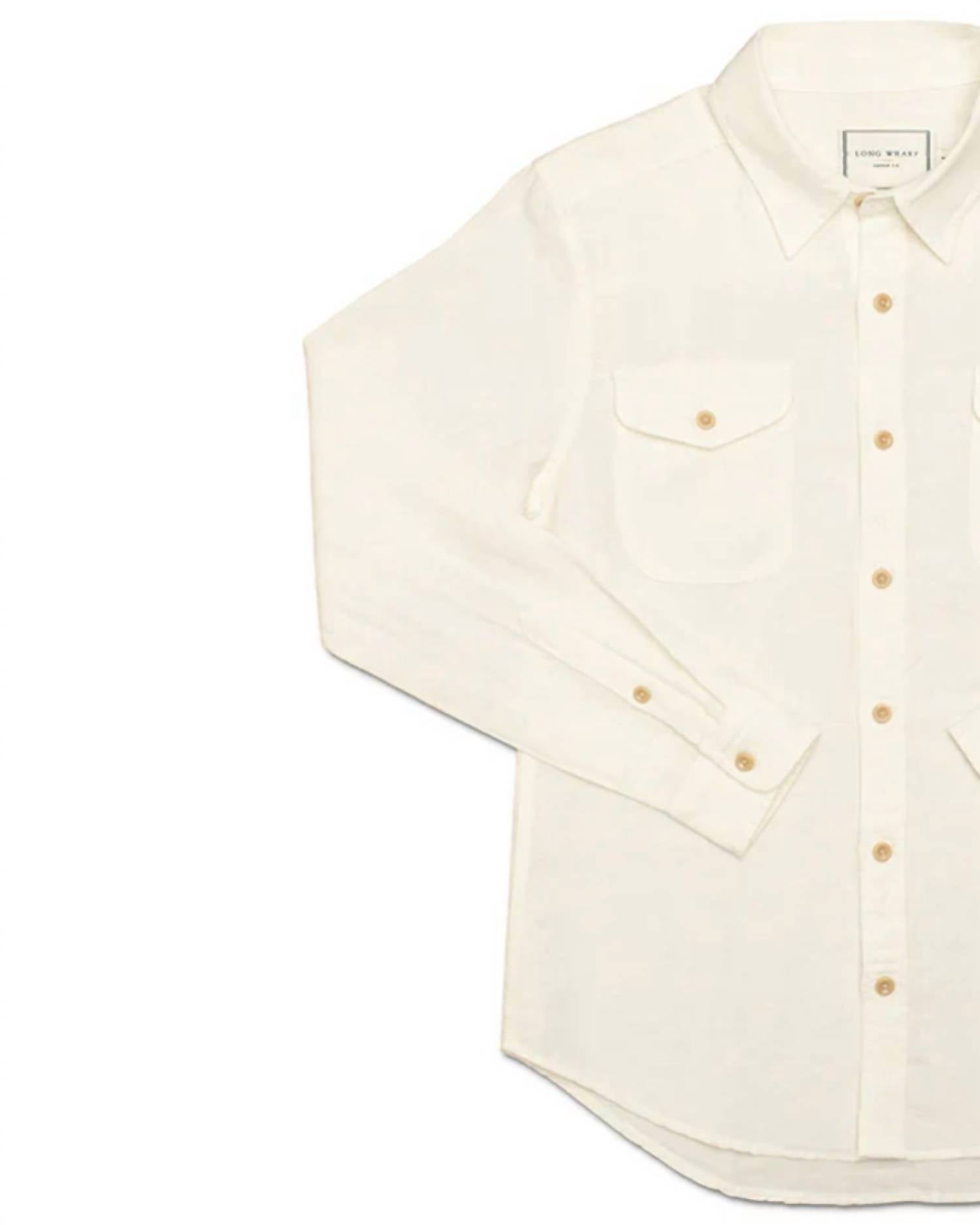 Long Wharf Supply Co. Men's Seawell Linen Work Shirt in cream - men's long sleeve top - detail view