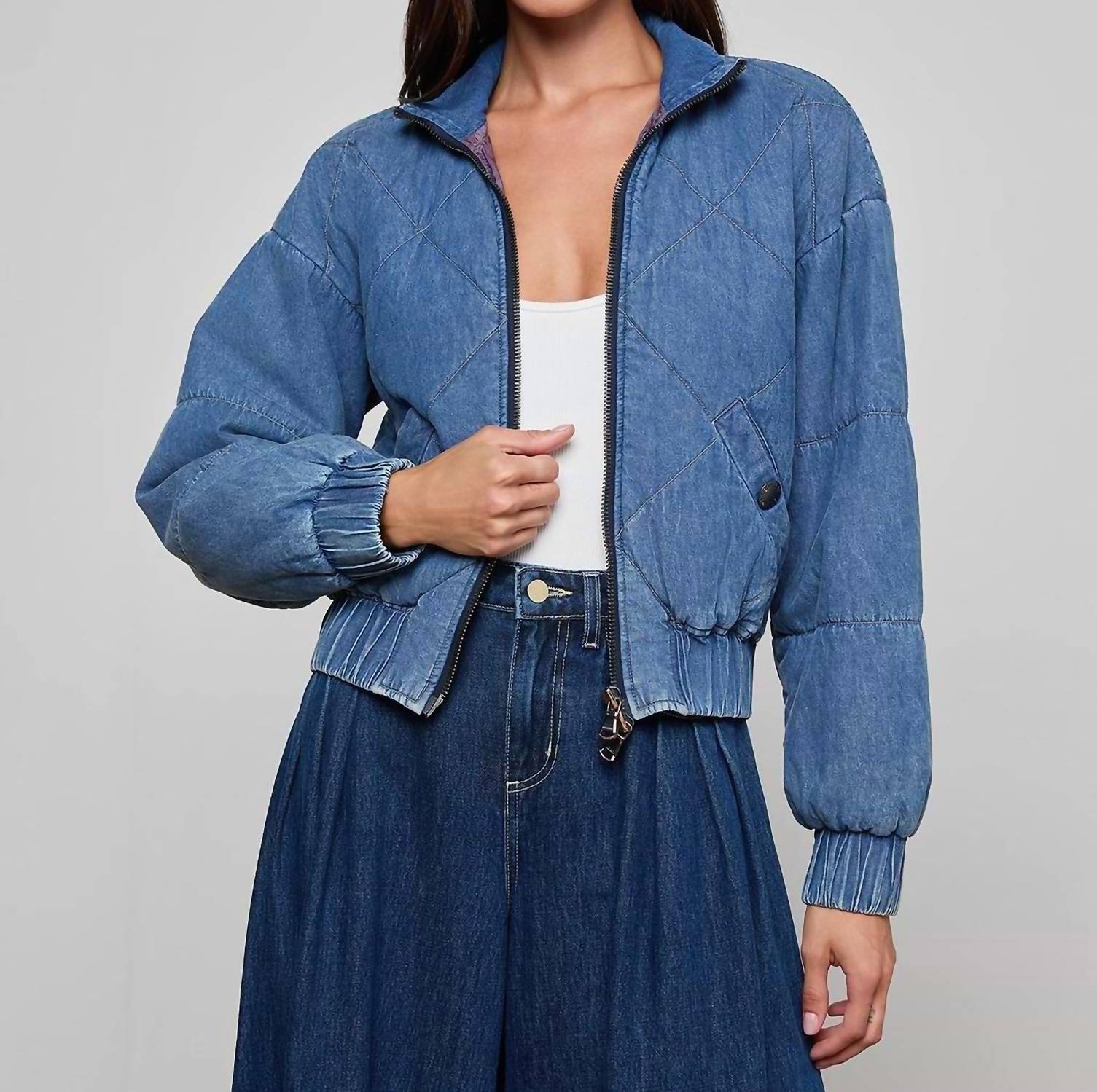 L'Agence Ryah Bomber Jacket in med washed denim - women's jacket