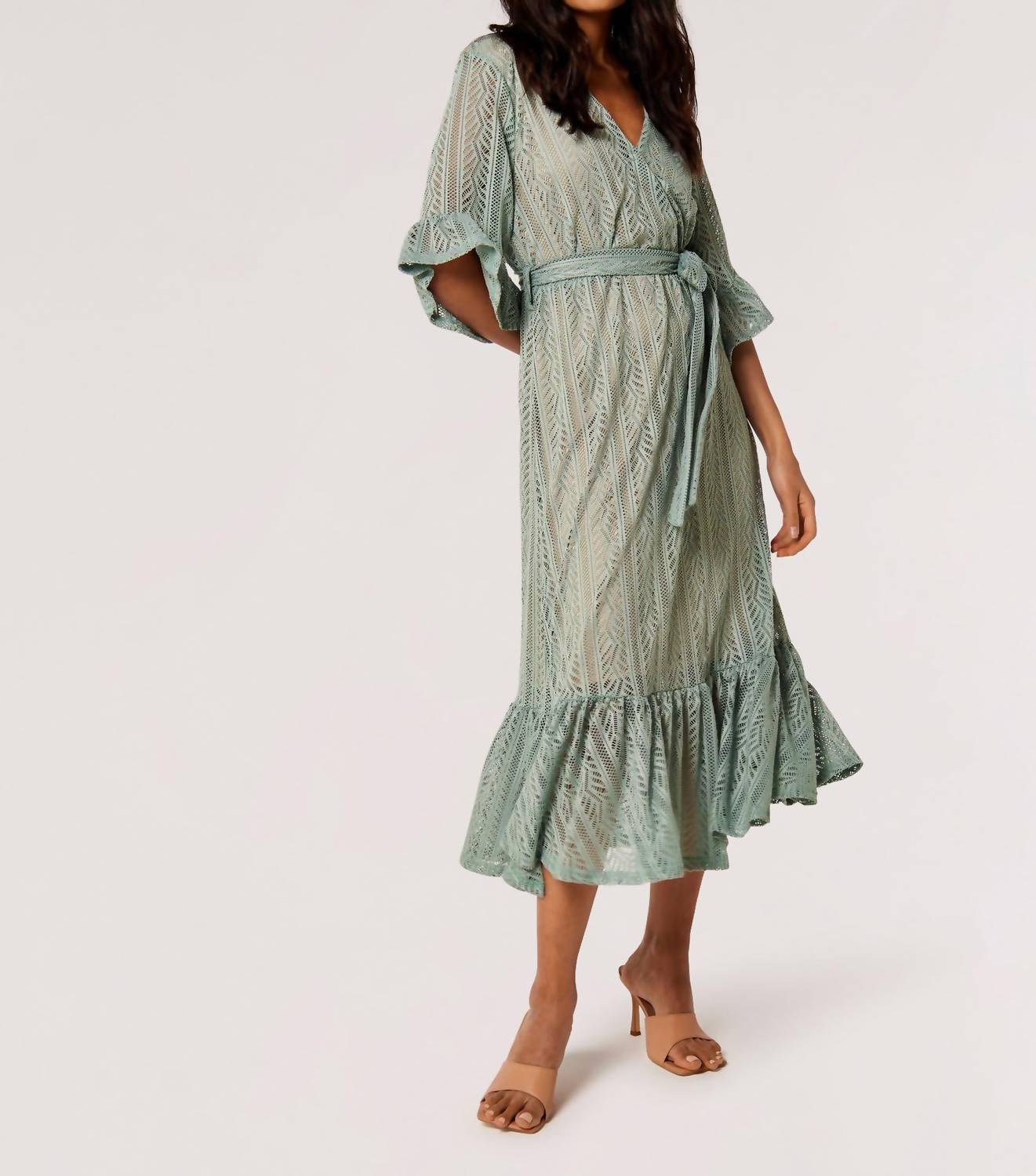 Apricot - Lace Ruffle Wrap Midi Dress