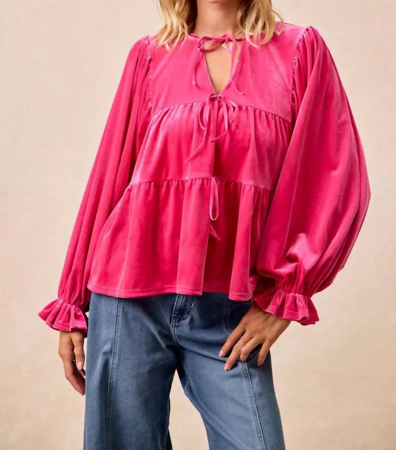 Bibi - Velvet Bow Tied Blouse