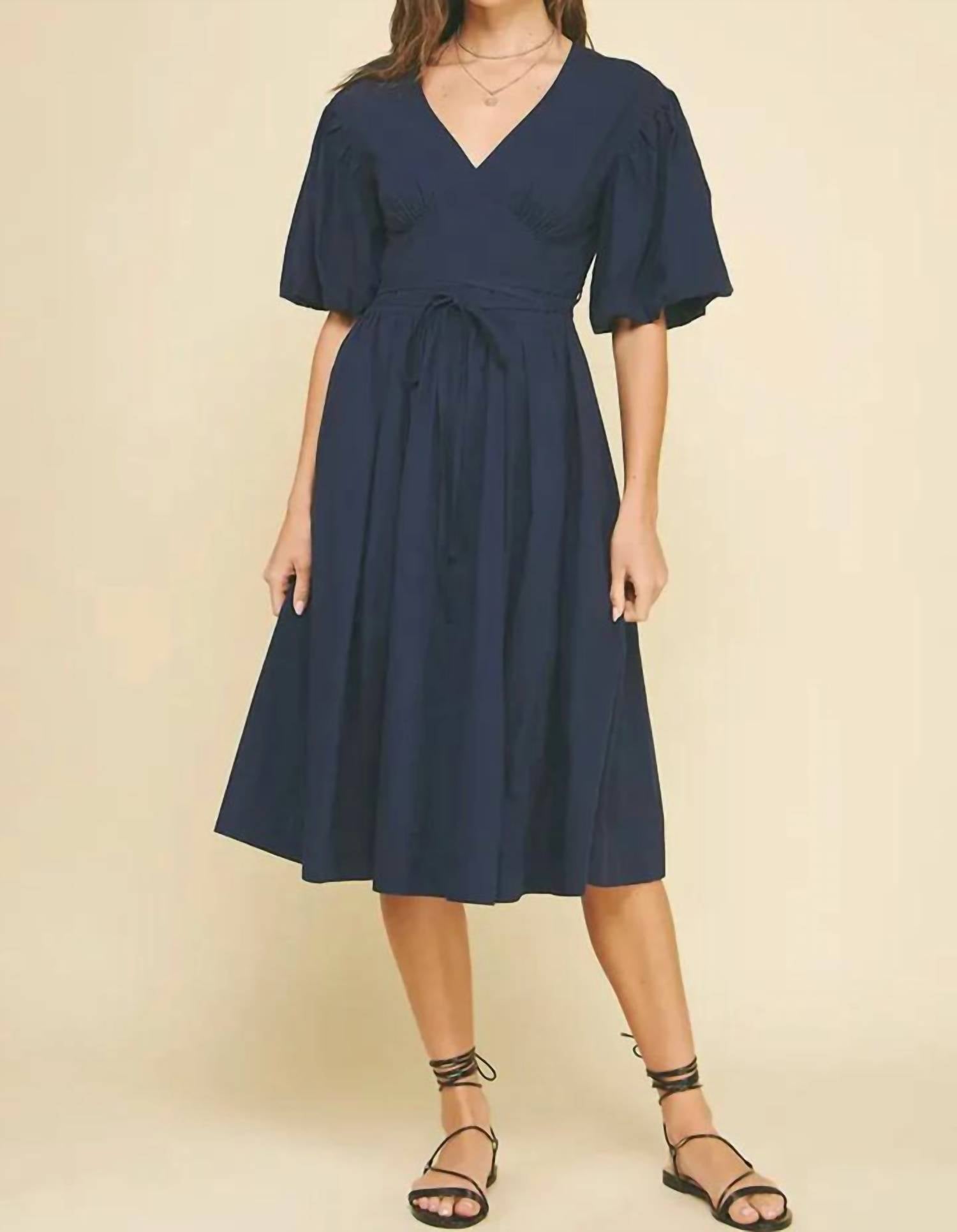 Pinch - V-neck Bubble Sleeve Midi Dress