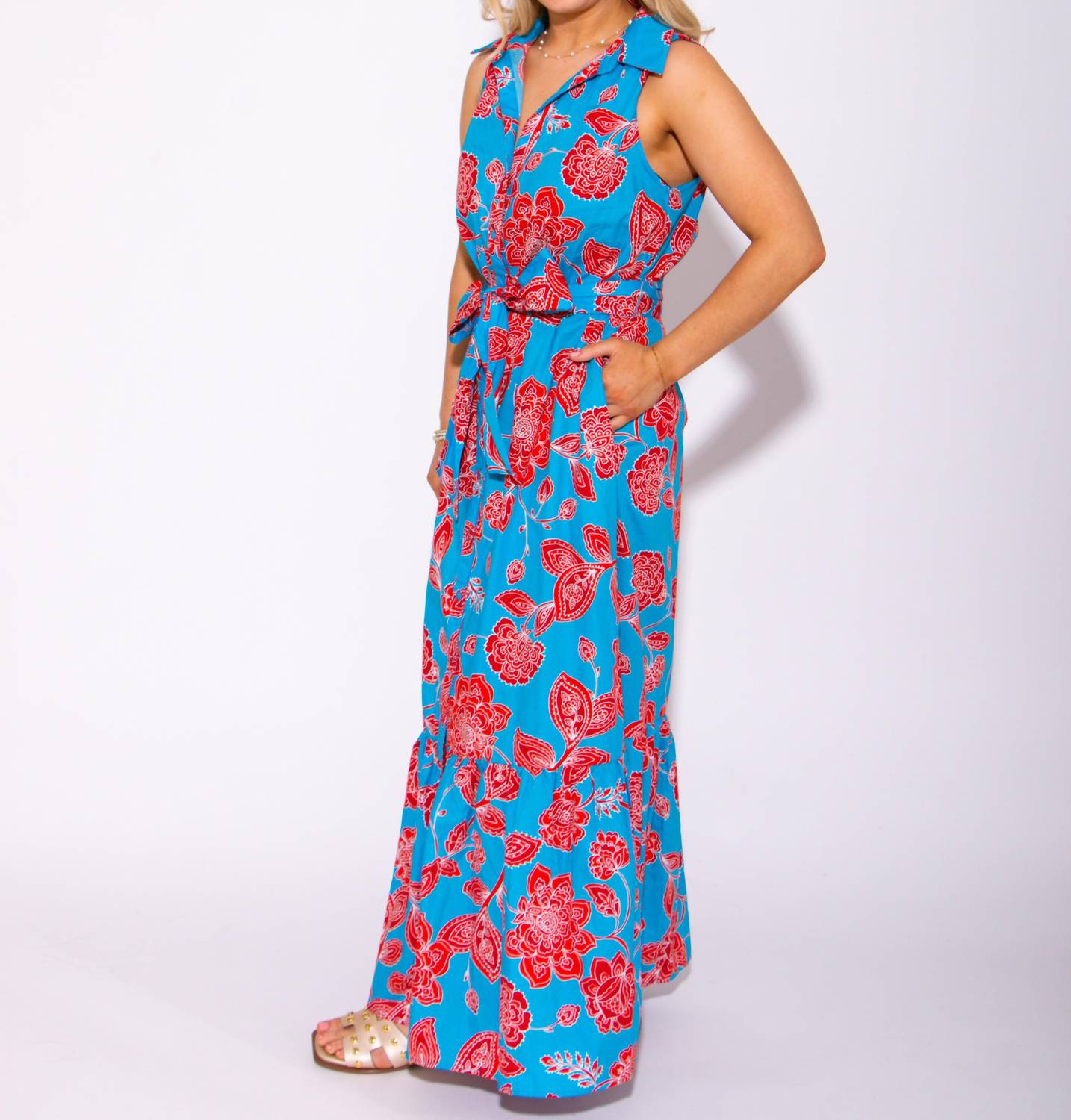 Sugarlips - Women's Petal Collared Tie Waist Maxi Dress