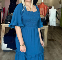 She + Sky - Bell Sleeve Square Neck Smocked Tiered Midi Dress