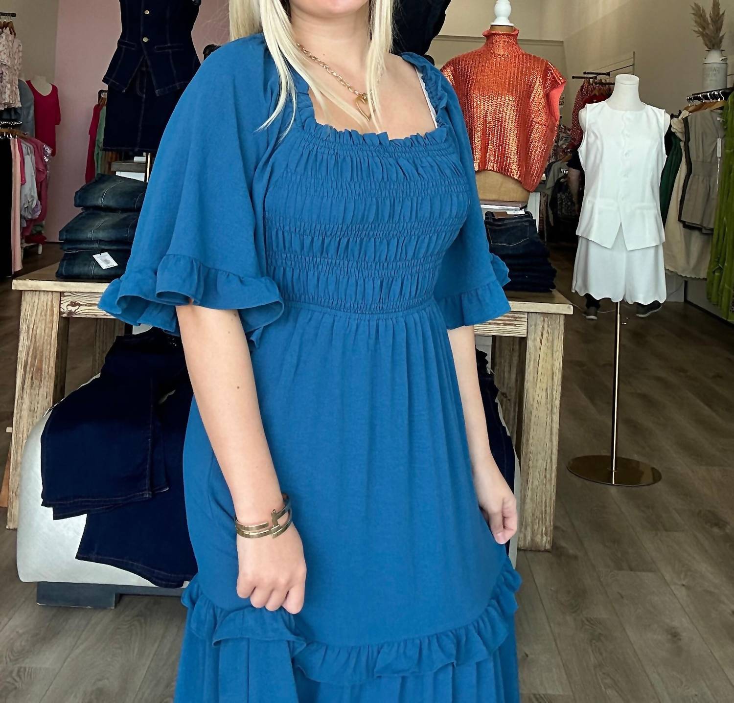 She + Sky - Bell Sleeve Square Neck Smocked Tiered Midi Dress