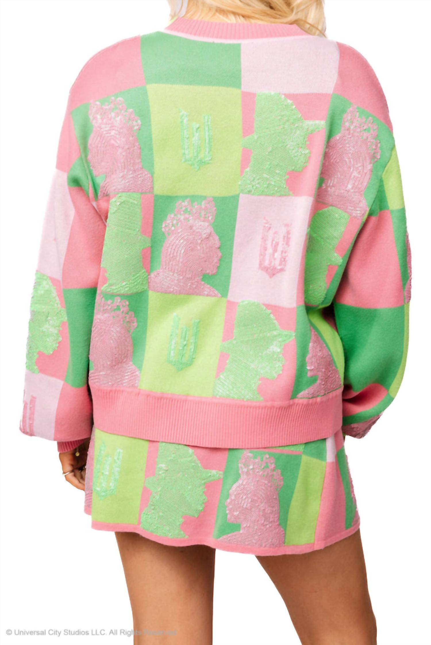 QUEEN OF SPARKLES Licensed Colorblock Glinda & Elphaba Profile Cardigan in pink green - women's cardigan - detail view
