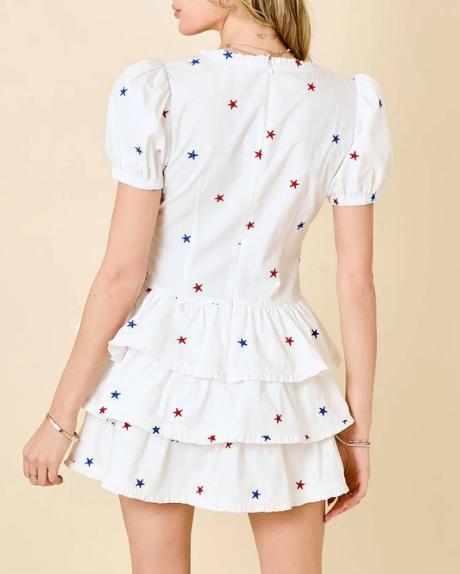 Day + Moon - Star Embroidered Ruffle Romper Dress