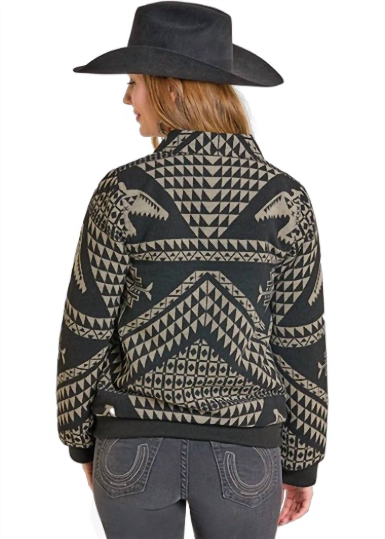 Panhandle Aztec Bomber Jacket in black - women's jacket - detail view