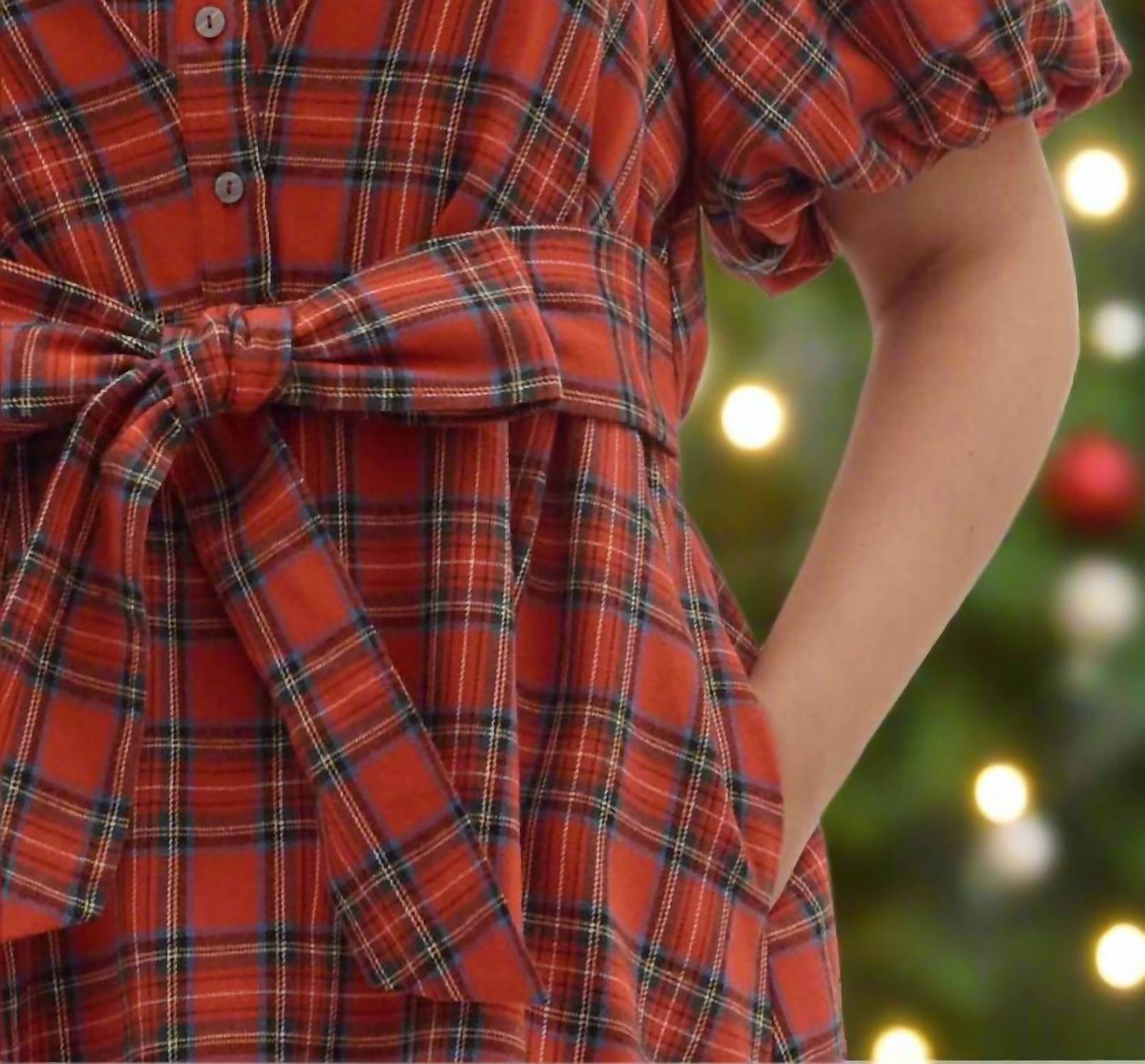 entro Plaid Puff Sleeve Midi Dress With Waist Tie - Plus in holiday red - women's dress - view 6