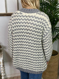 BiBi Chunky V-neck Cardigan in grey and ivory - women's cardigan - detail view