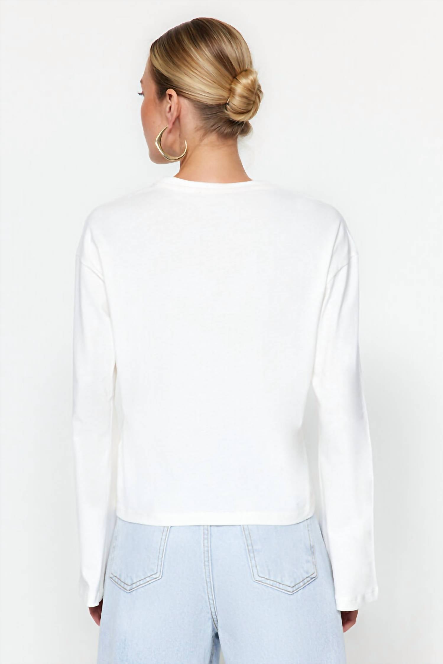 AEMI + CO Ava Long Sleeve Top in white - women's long sleeve top - detail view
