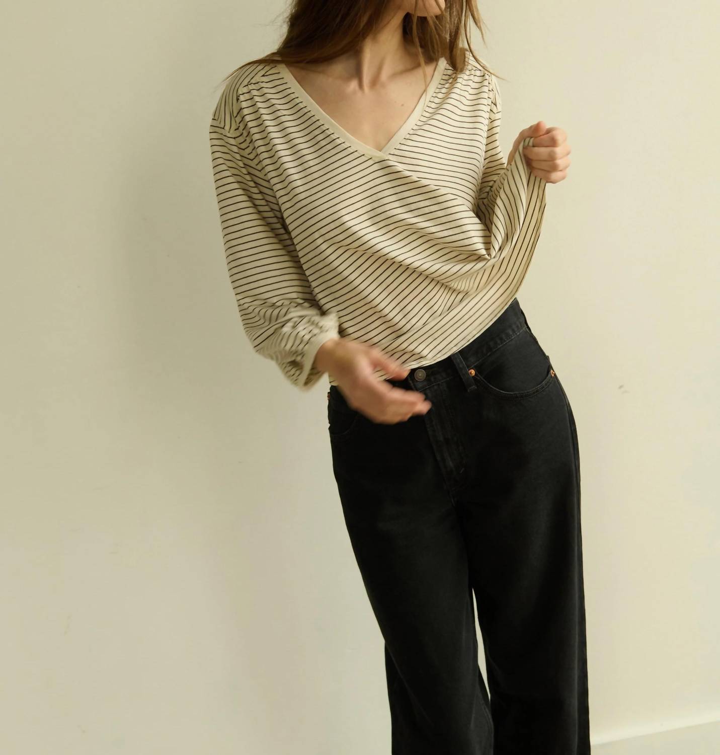 Nation LTD Savanna Shirred Top in espresso pinstripe - women's long sleeve top - view 6
