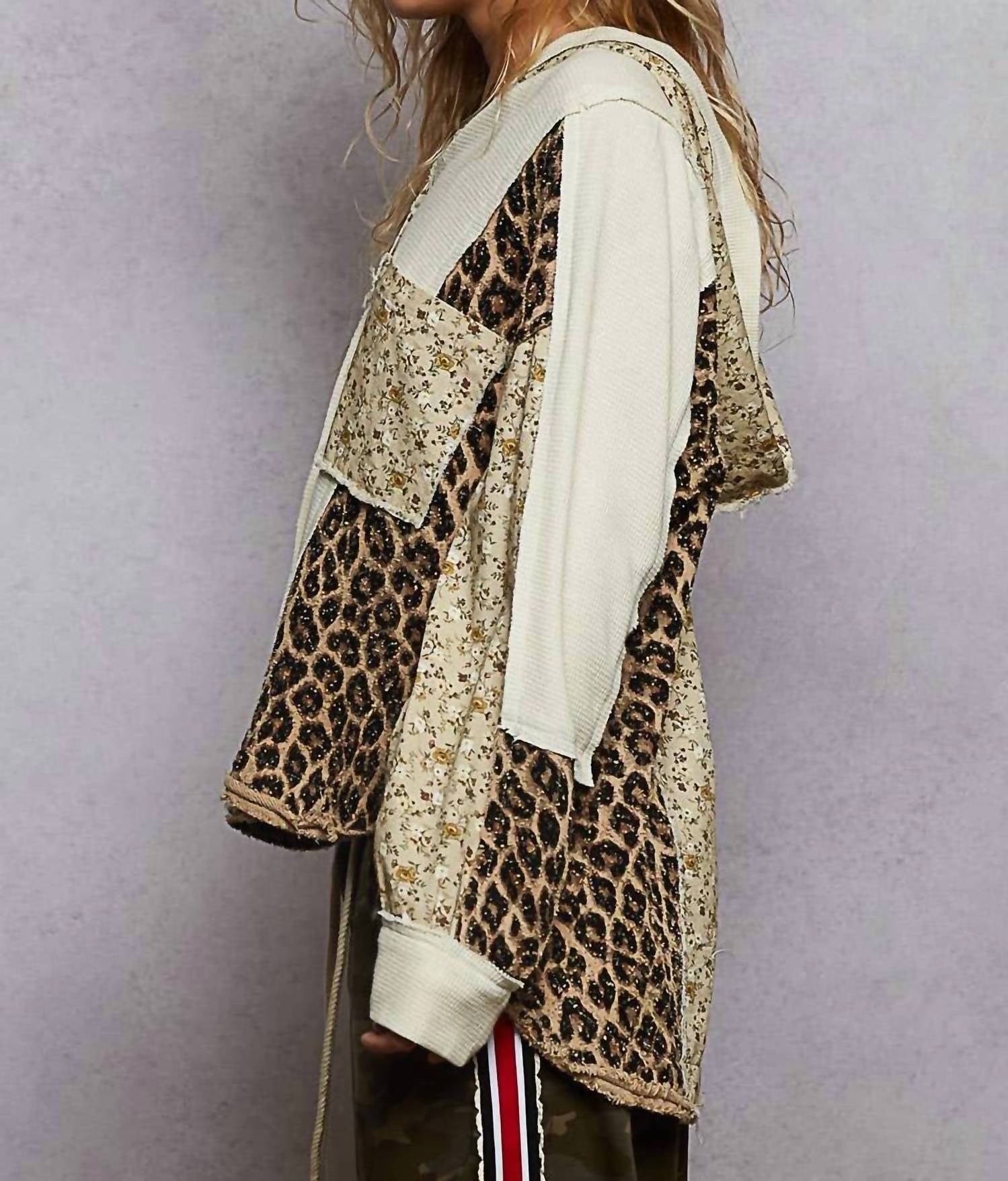 POL Printed Contrast Thermal Hooded Knit Top in cream - women's long sleeve top - view 4