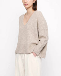 7115 by SZEKI Chunky V-neck Sweater in light taupe - women's sweater - view 4