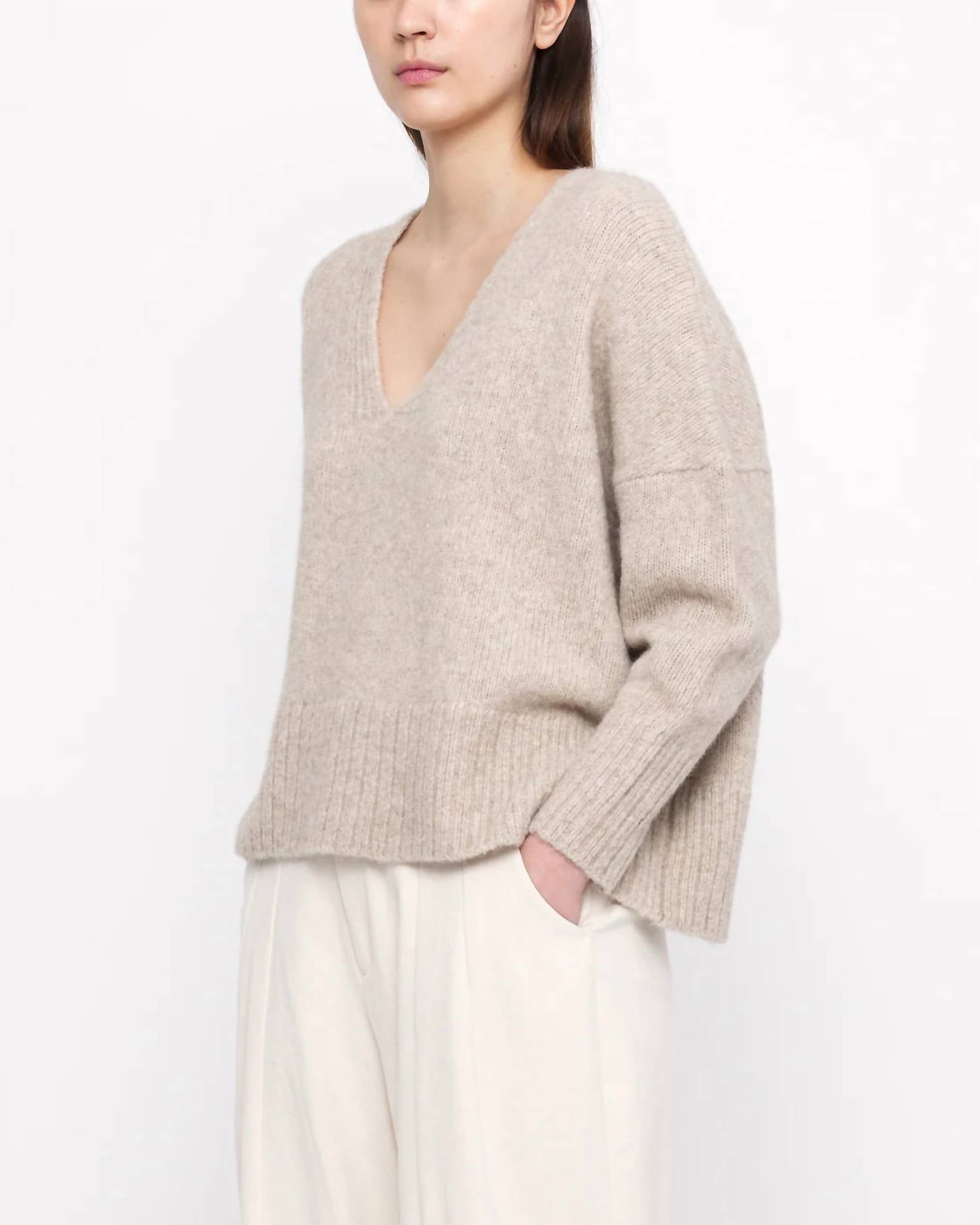 7115 by SZEKI Chunky V-neck Sweater in light taupe - women's sweater - view 4