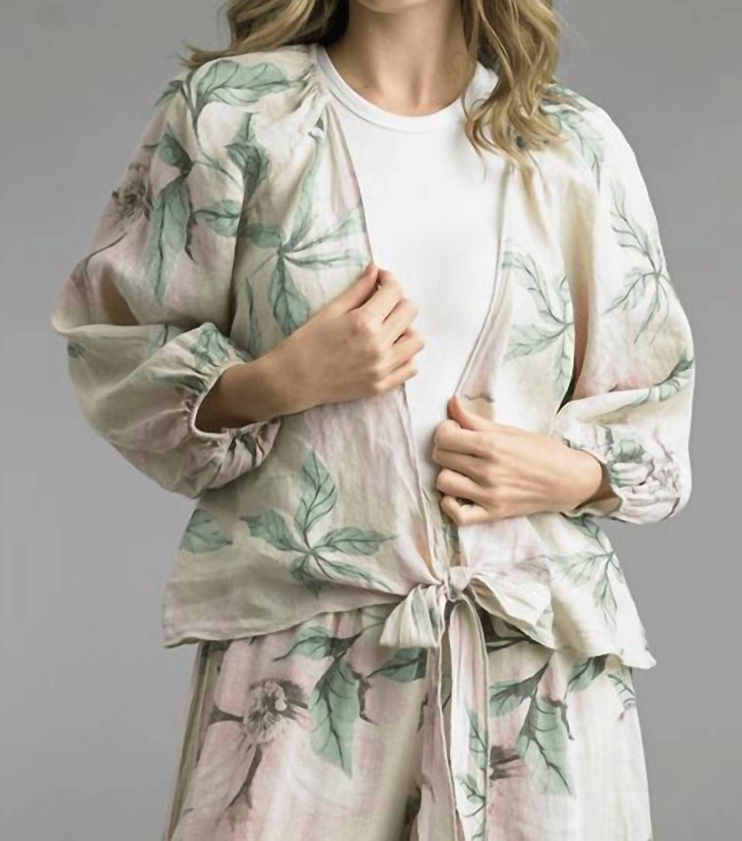 TEMPO PARIS Tie Front Linen Top in printed flower - women's blouse
