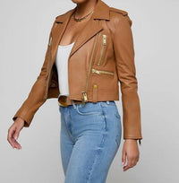 L'Agence Blakely Leather Biker Jacket in soft cognac - women's jacket - alternate view