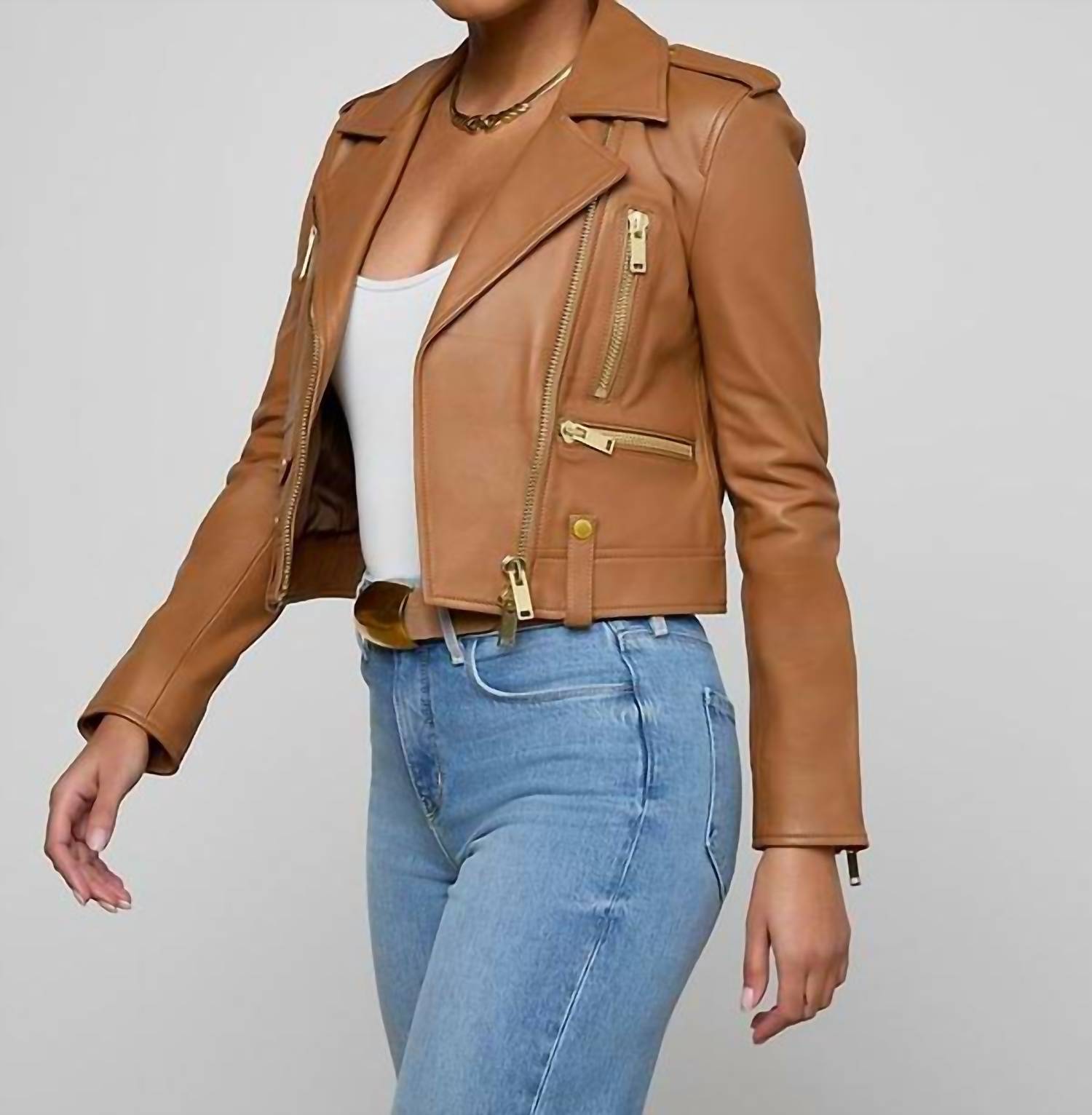 L'Agence Blakely Leather Biker Jacket in soft cognac - women's jacket - alternate view