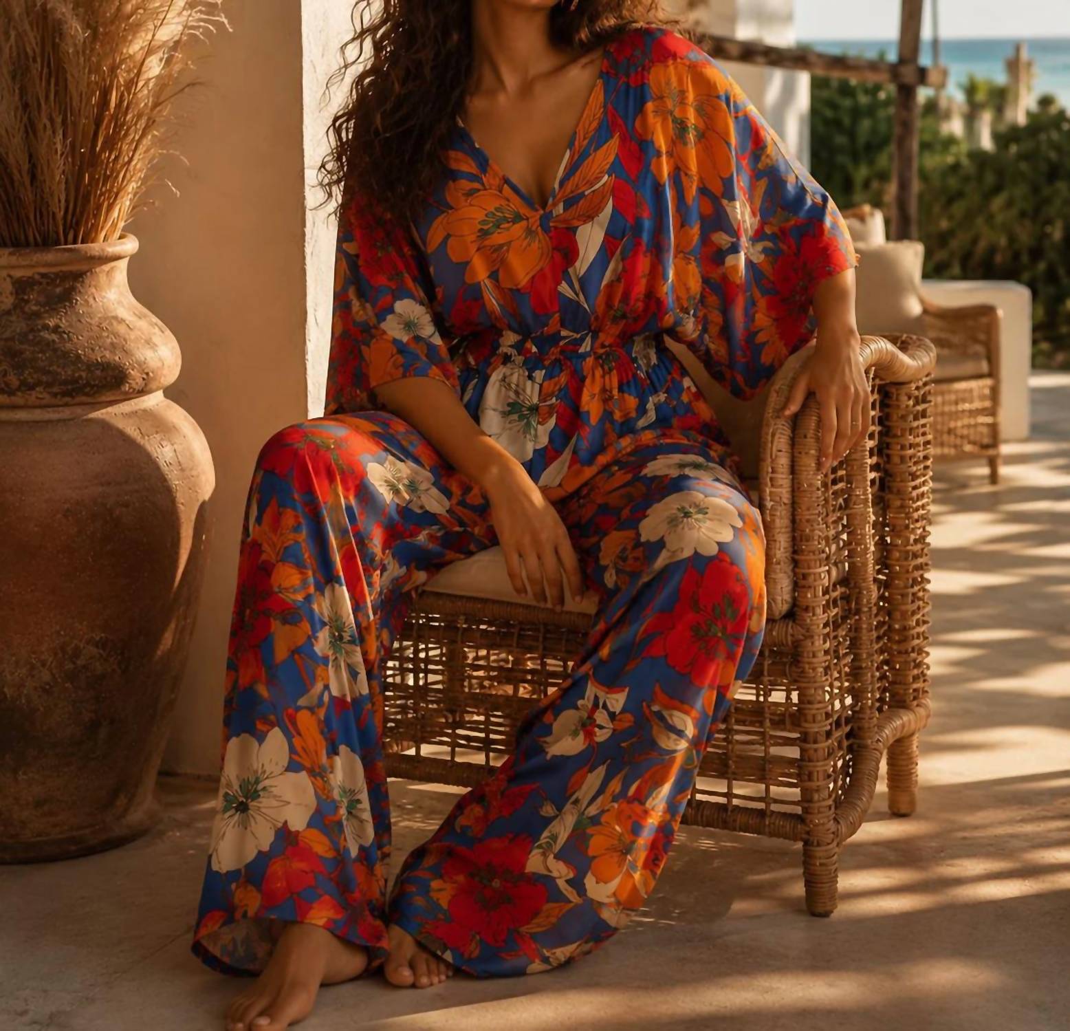Surelymine - Tropical Floral Wide Leg Jumpsuit