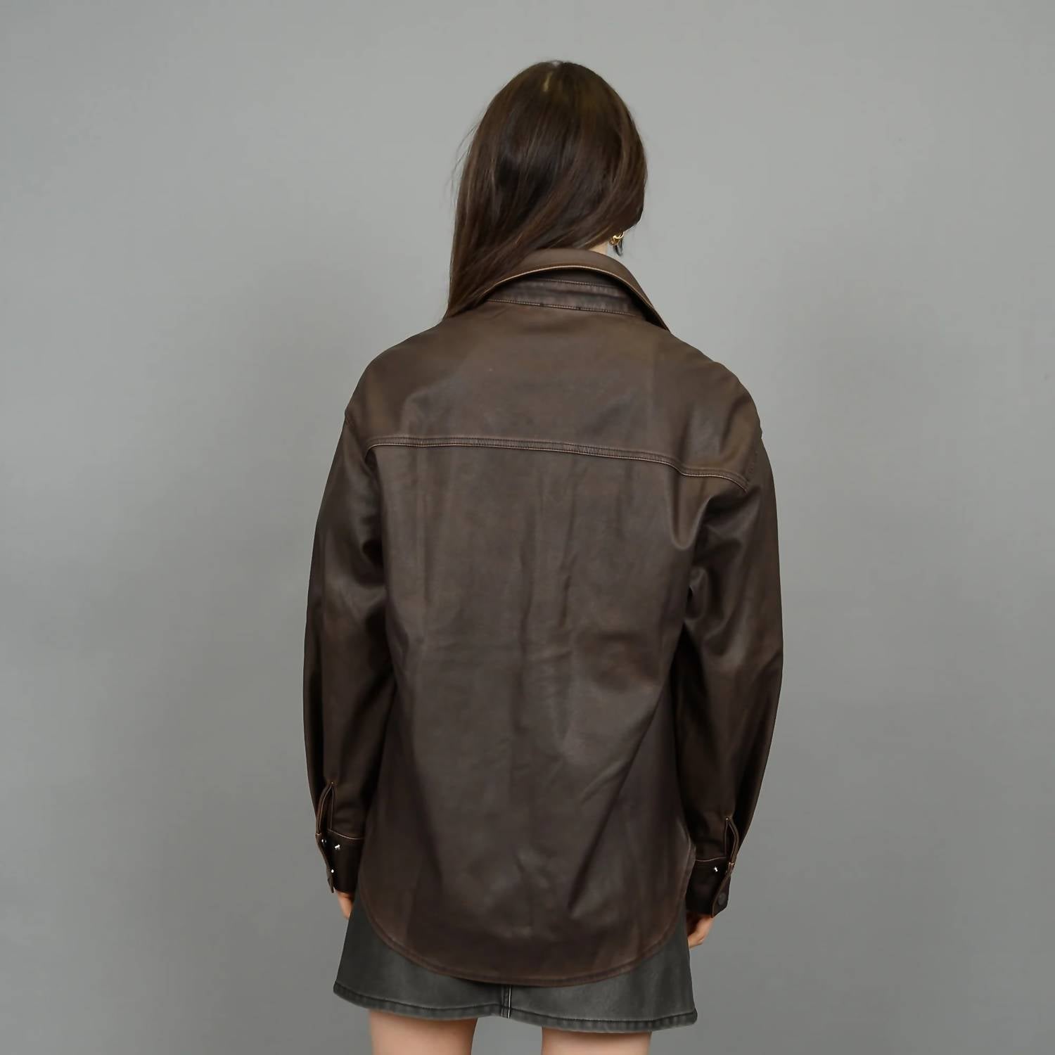 Rd International - Aliska Distressed Faux Leather Snap Front Shirt