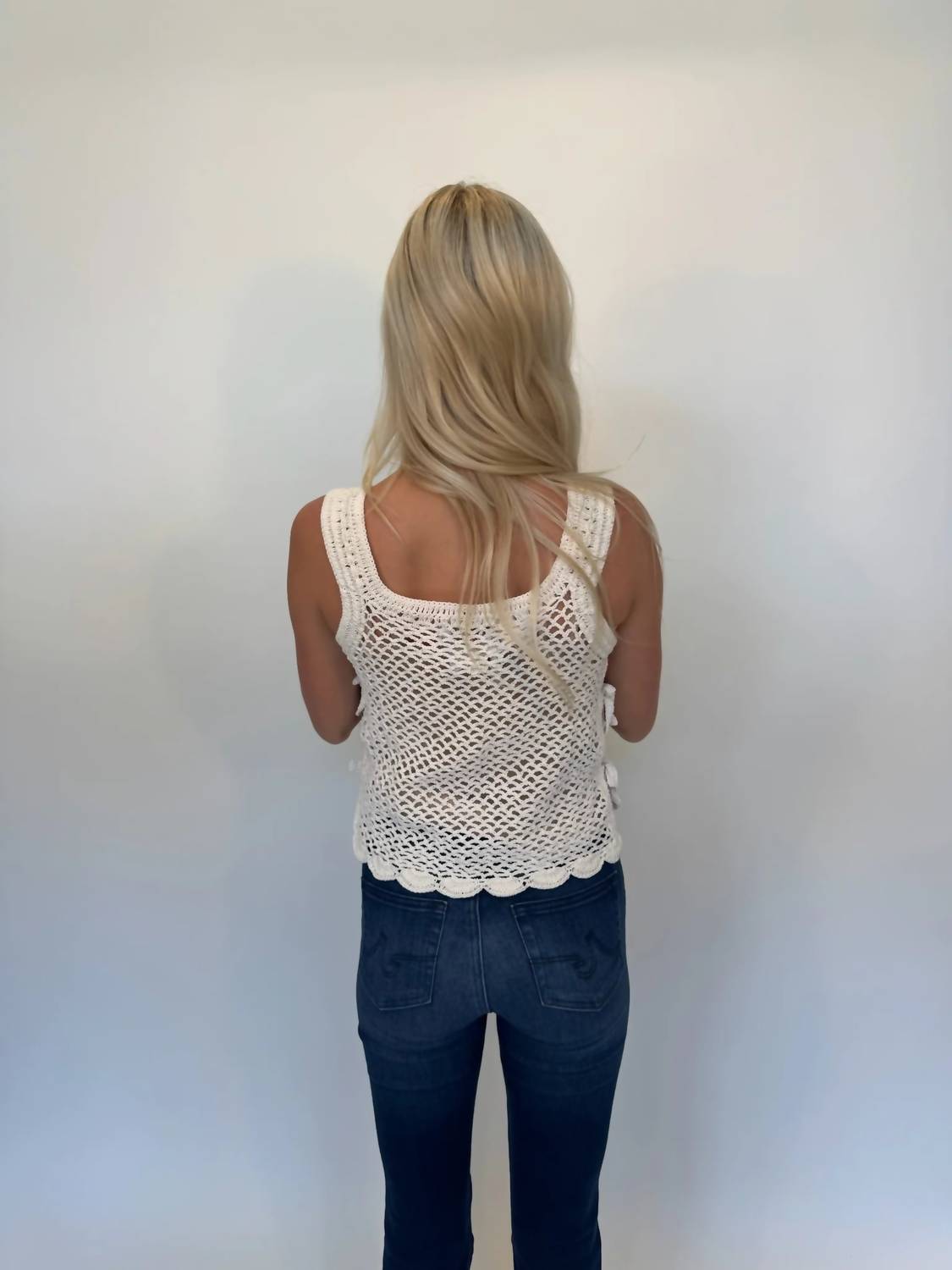 Romi The Brand Azure Crochet Tank Top With Tie in white - women's tank top - detail view