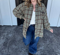Easel Oversized Distressed Flannel Shirt in dusty sage - women's shirt - alternate view