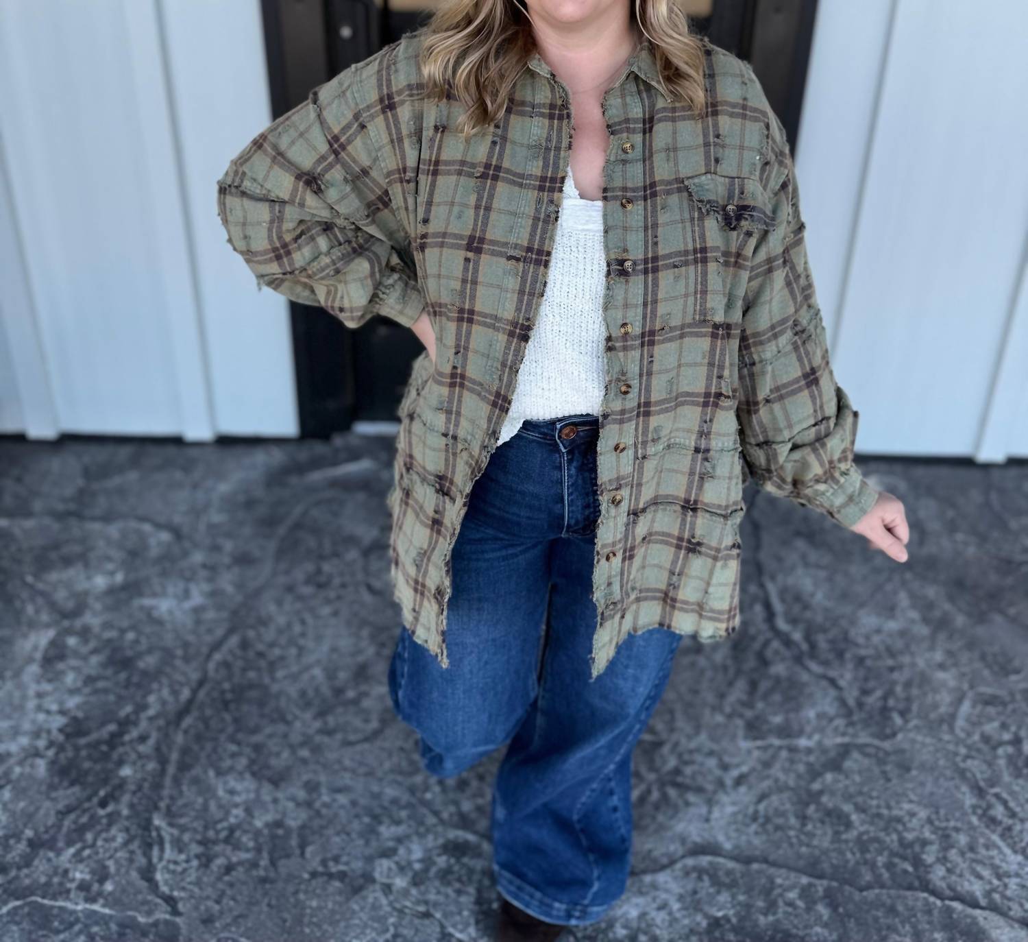 Easel Oversized Distressed Flannel Shirt in dusty sage - women's shirt - alternate view