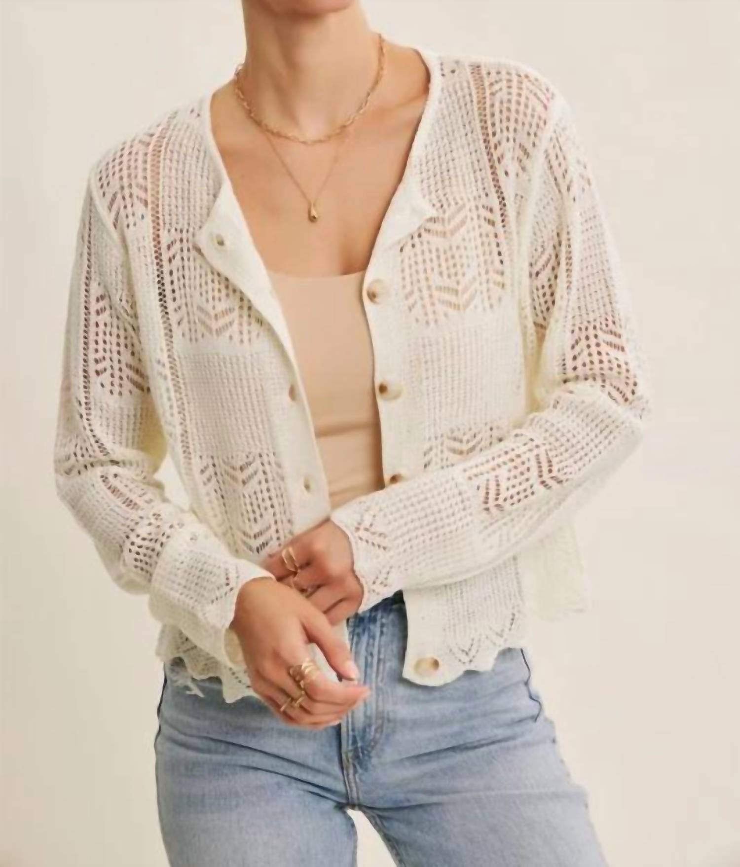 In February - Classic Pointelle Knit Button-down Cardigan